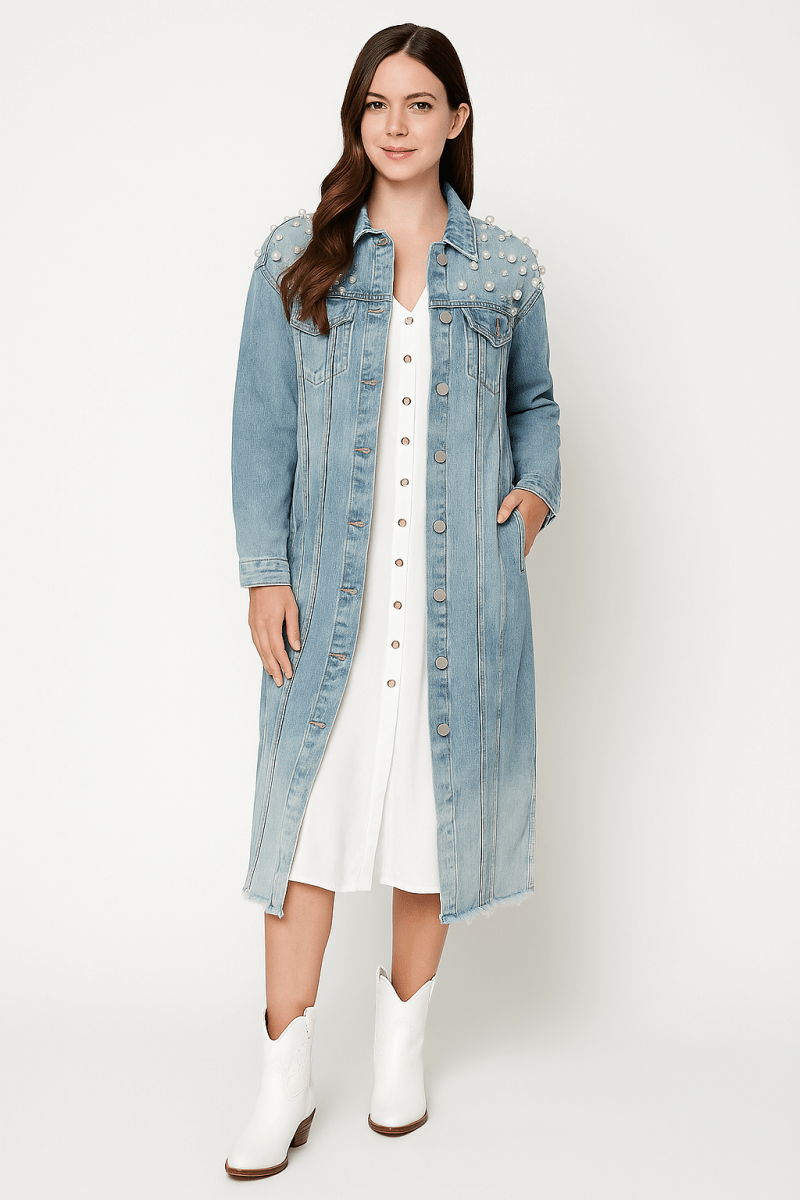Veveret Full Size Distressed Raw Hem Pearl Detail Button Up Jacket - AMVIM