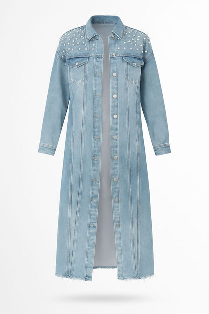 Veveret Full Size Distressed Raw Hem Pearl Detail Button Up Jacket - AMVIM