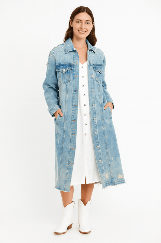 Veveret Full Size Distressed Raw Hem Pearl Detail Button Up Jacket - AMVIM