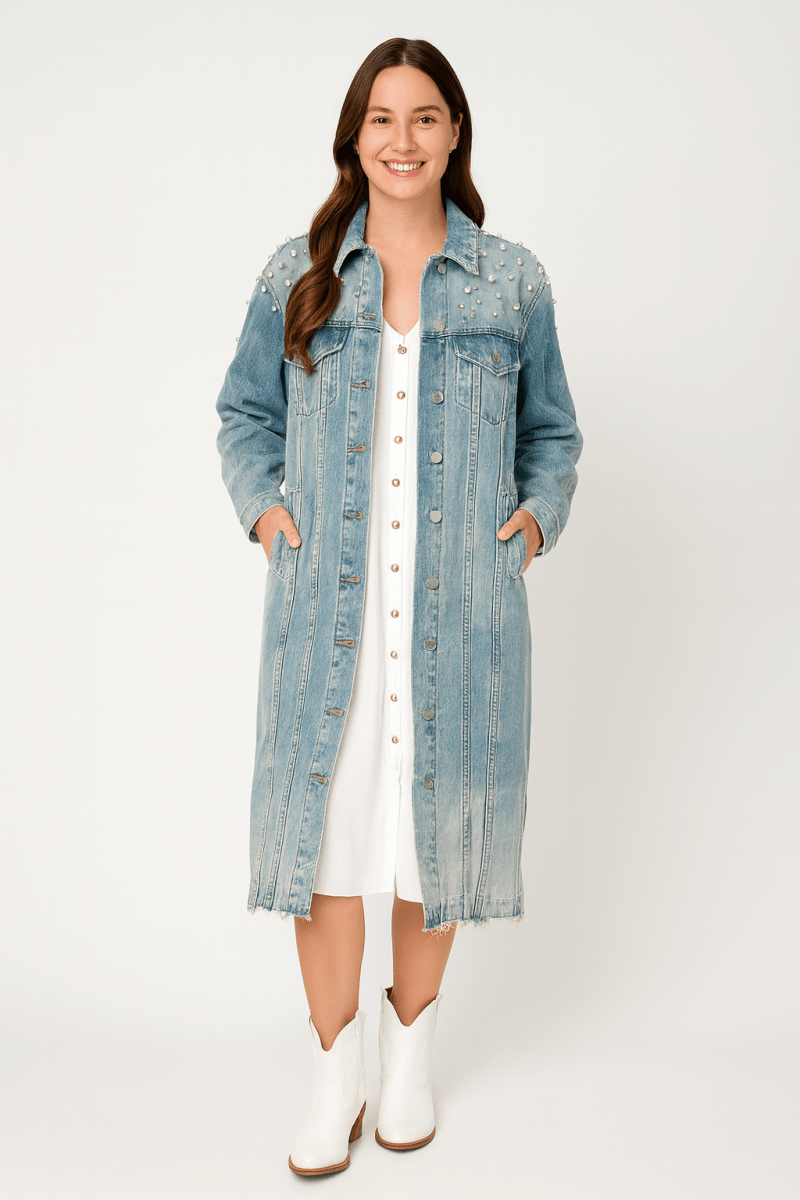 Veveret Full Size Distressed Raw Hem Pearl Detail Button Up Jacket - AMVIM