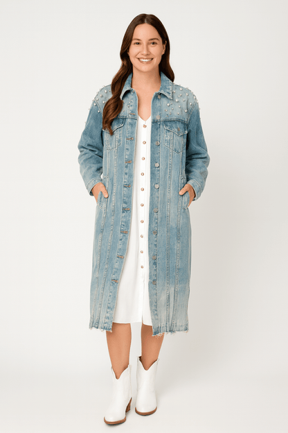 Veveret Full Size Distressed Raw Hem Pearl Detail Button Up Jacket - AMVIM