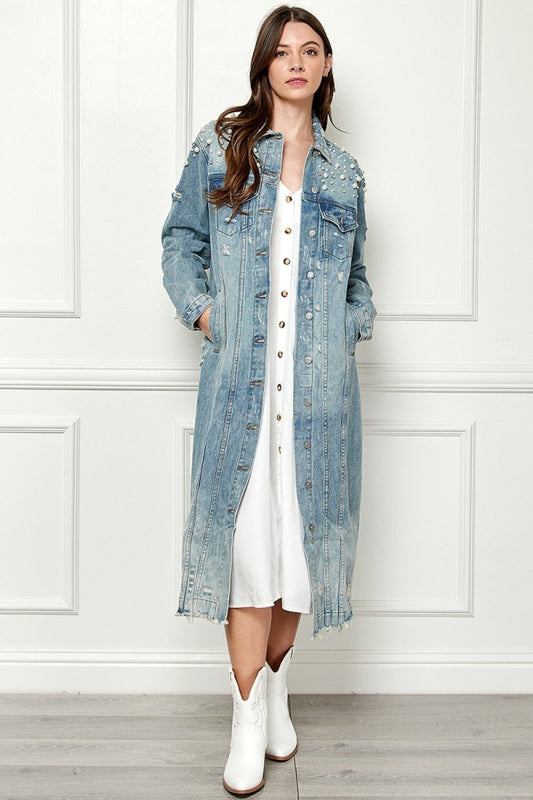 Veveret Full Size Distressed Raw Hem Pearl Detail Button Up Jacket - AMVIM