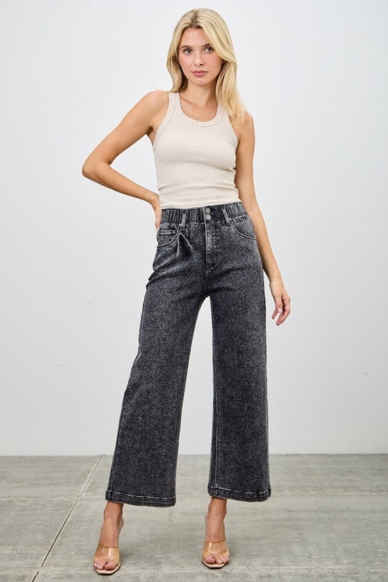 Washed Black Denim Jeans – Wide - Leg High Waist Crop - Saige Denim Women's Premium USA - Made Jeans - AMVIM