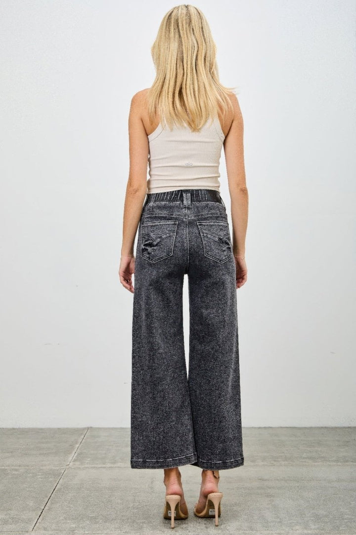 Washed Black Denim Jeans – Wide - Leg High Waist Crop - Saige Denim Women&