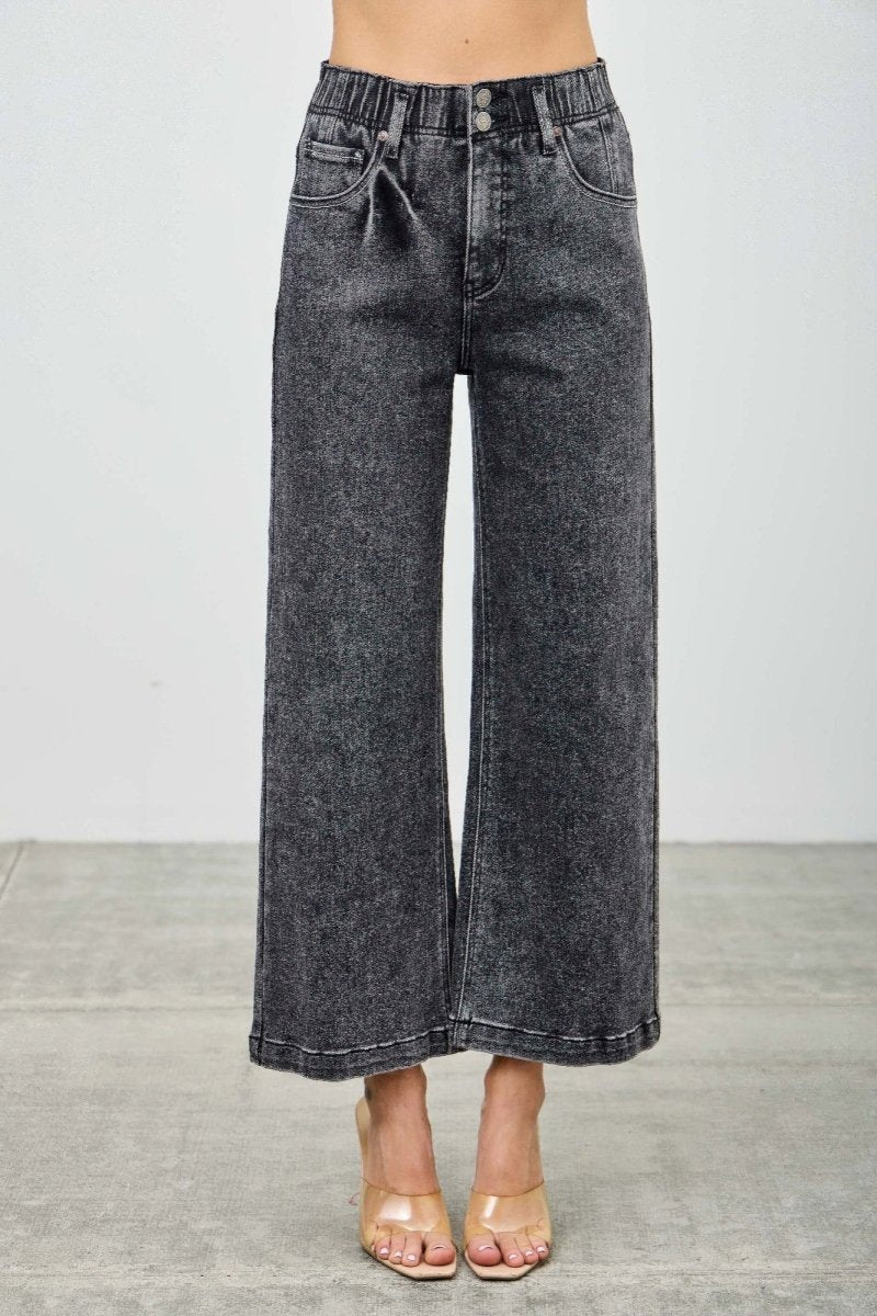 Washed Black Denim Jeans – Wide - Leg High Waist Crop - Saige Denim Women's Premium USA - Made Jeans - AMVIM