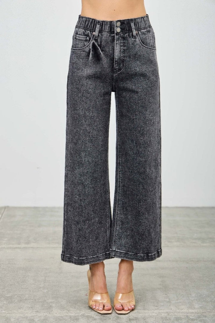 Washed Black Denim Jeans – Wide - Leg High Waist Crop - Saige Denim Women&