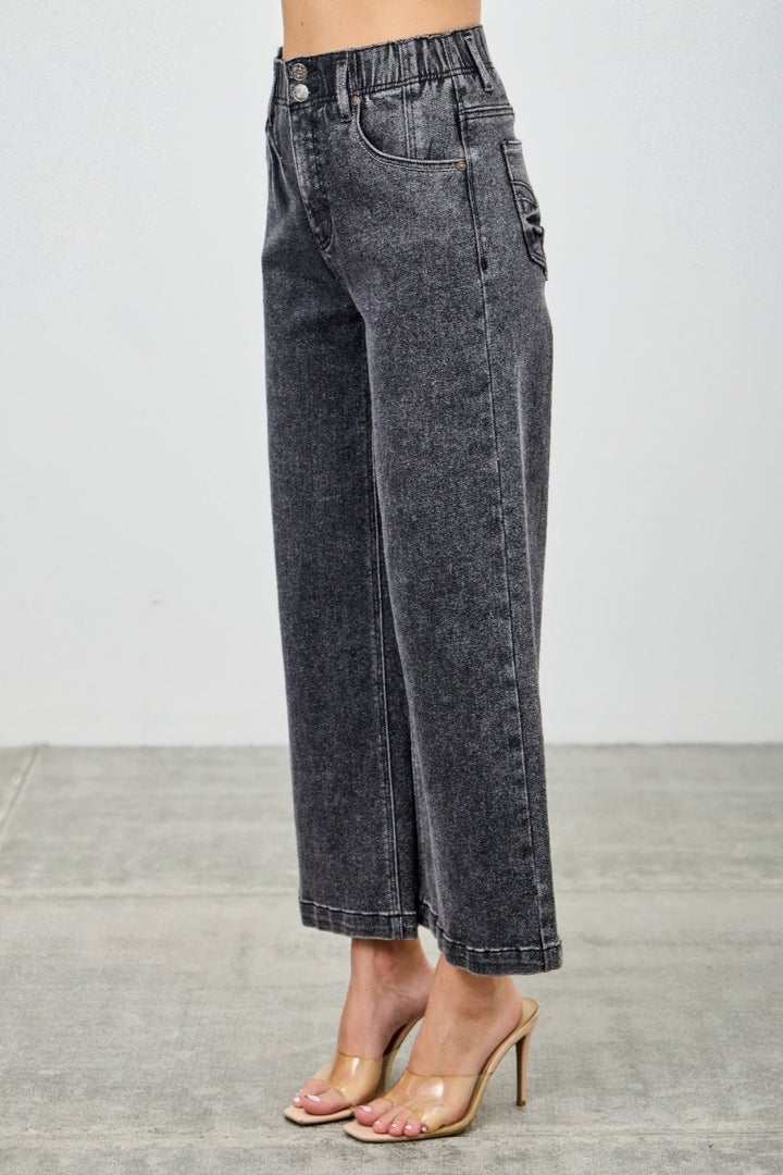 Washed Black Denim Jeans – Wide - Leg High Waist Crop - Saige Denim Women&