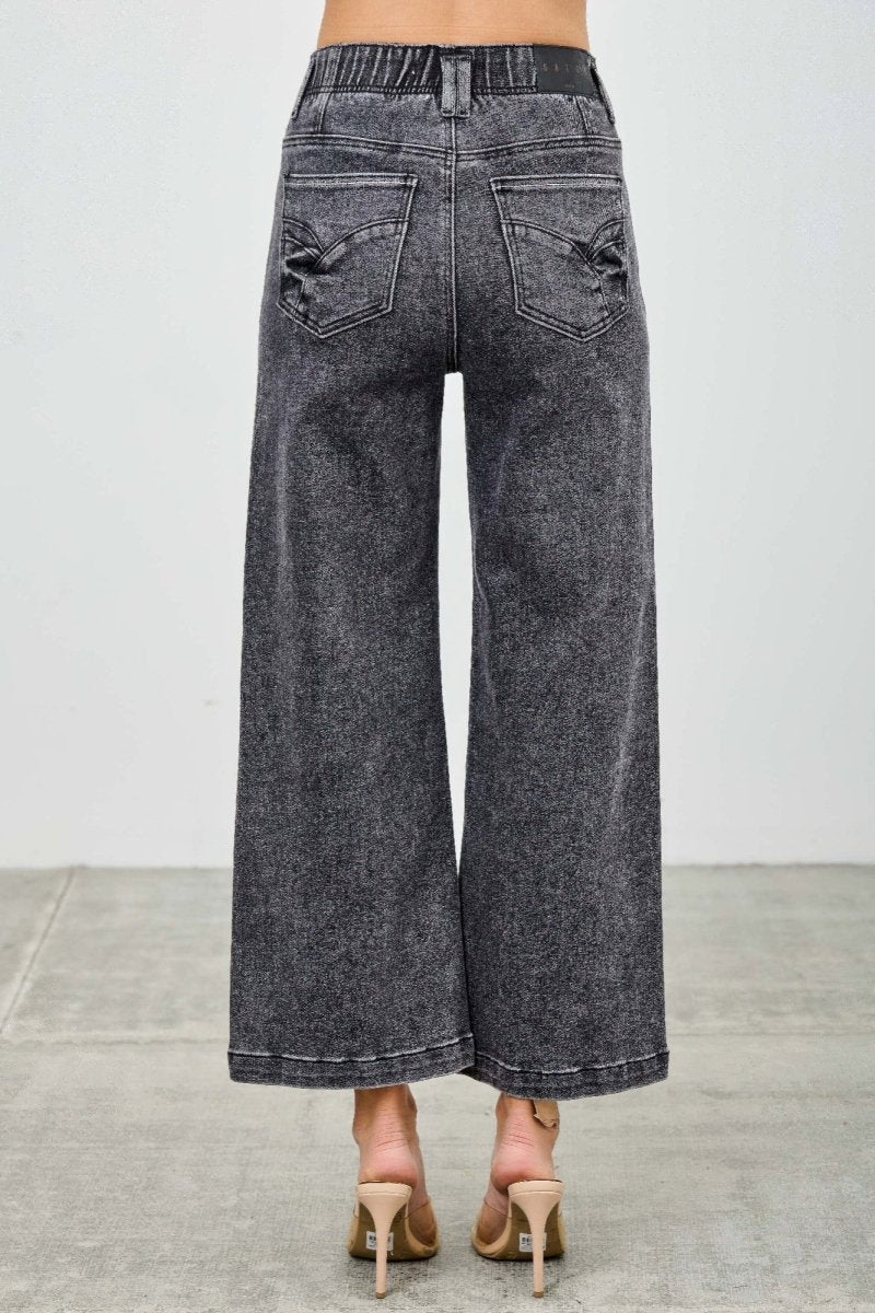 Washed Black Denim Jeans – Wide - Leg High Waist Crop - Saige Denim Women&