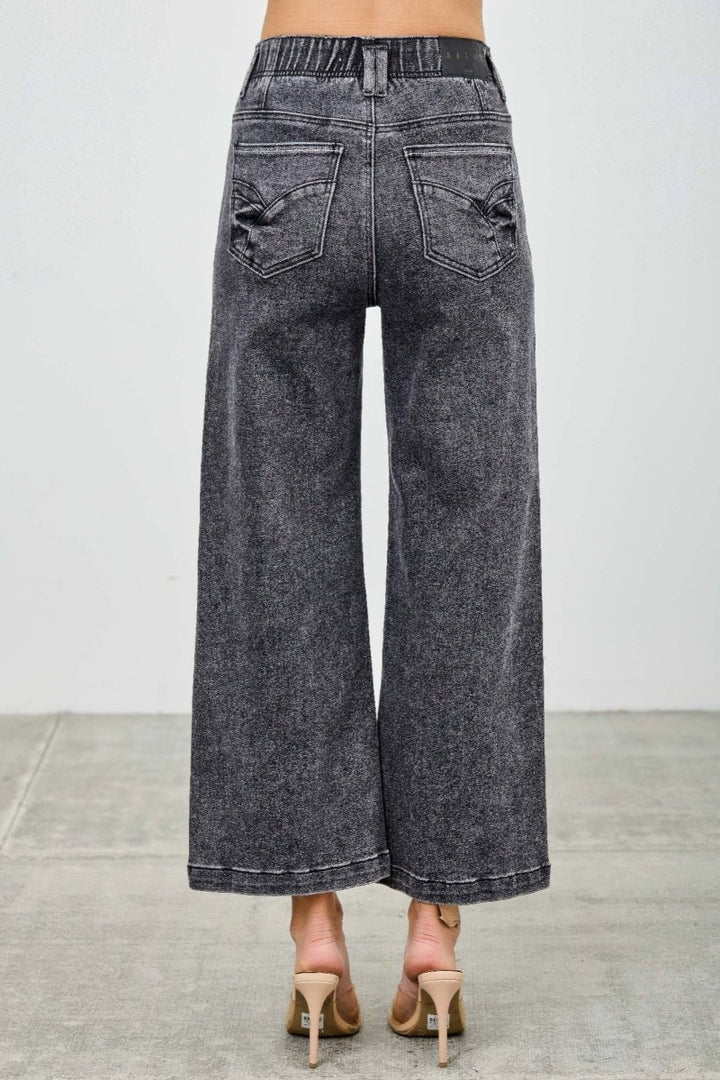 Washed Black Denim Jeans – Wide - Leg High Waist Crop - Saige Denim Women&