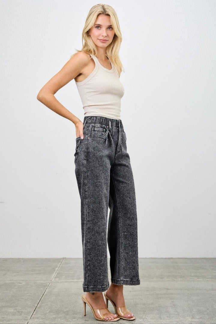 Washed Black Denim Jeans – Wide - Leg High Waist Crop - Saige Denim Women&