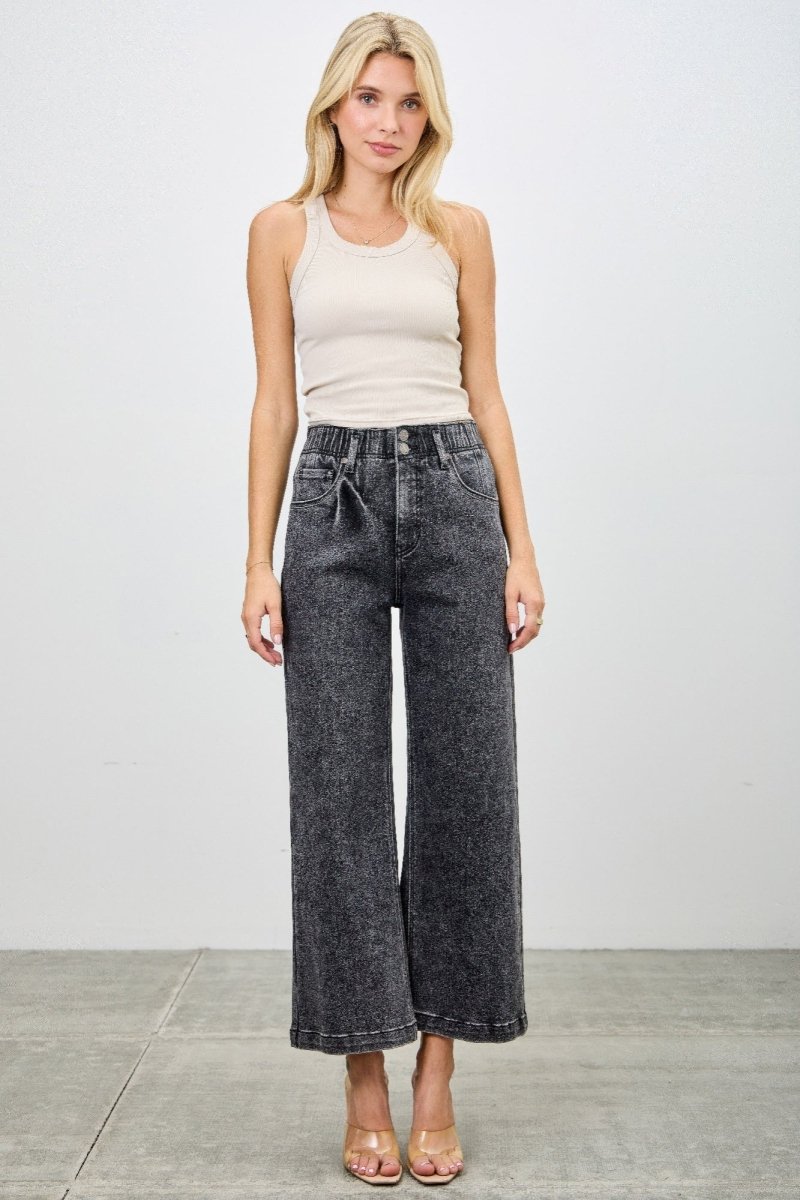 Washed Black Denim Jeans – Wide - Leg High Waist Crop - Saige Denim Women&
