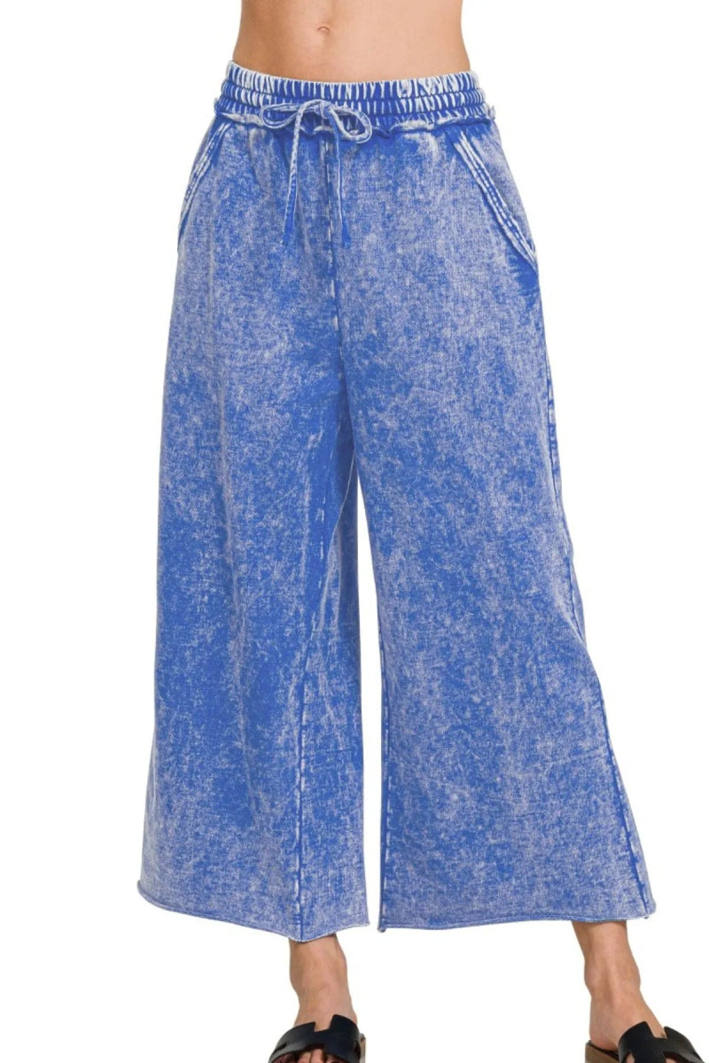 Washed French Terry Palazzo Pants with Pockets – Relaxed Fit - AMVIM