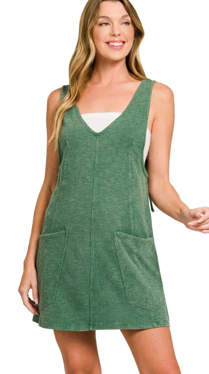 Washed Slub Adjustable Strap Overall Dress - AMVIM