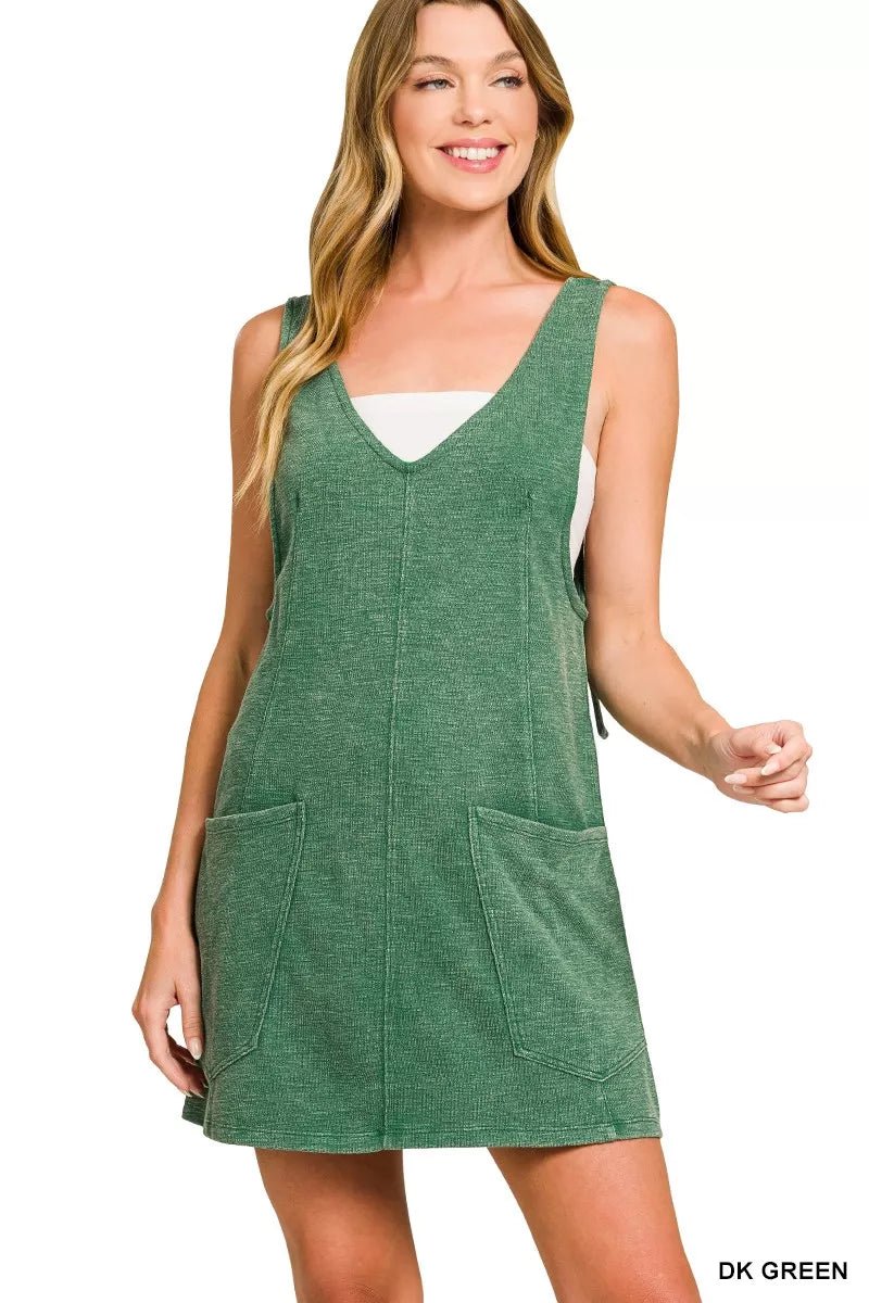 Washed Slub Adjustable Strap Overall Dress - AMVIM