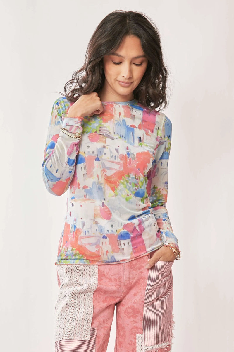 Watercolor Print Long Sleeve T-Shirt – Artistic Fitted Top - AMVIM