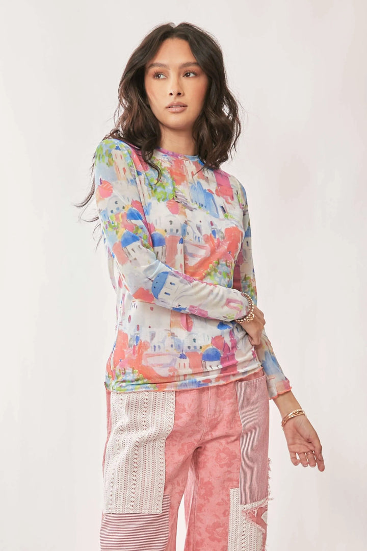 Watercolor Print Long Sleeve T-Shirt – Artistic Fitted Top - AMVIM