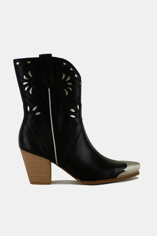 Western Embroidered Cut - Out Mid Heel Ankle Boots - AMVIM