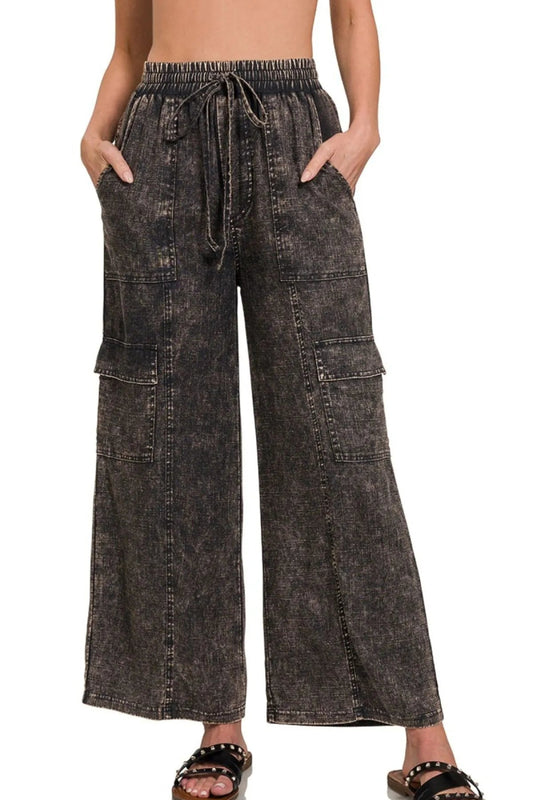 Wide - Leg Cargo Pants With Adjustable Drawstring Waist - AMVIM