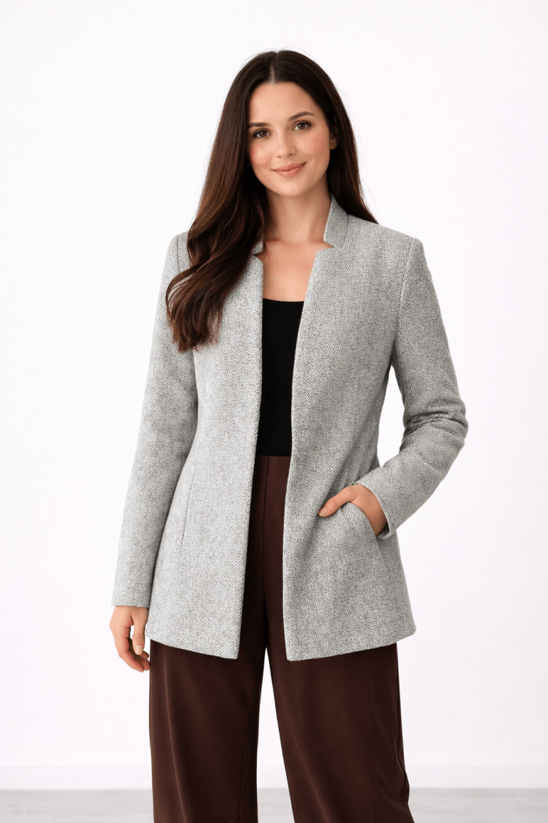Woman's Herringbone Pocketed Lightweight Coat with Relaxed Fit - AMVIM