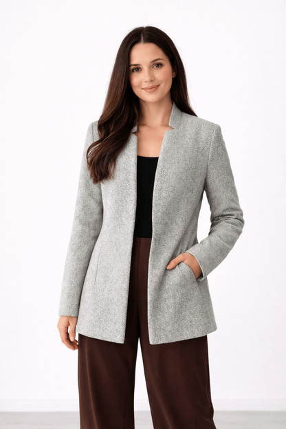 Woman's Herringbone Pocketed Lightweight Coat with Relaxed Fit - AMVIM