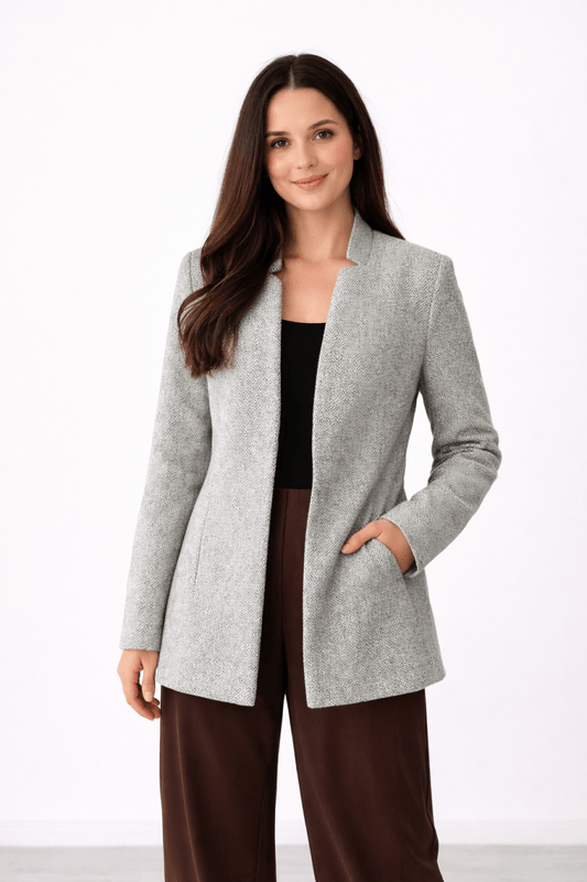Woman's Herringbone Pocketed Lightweight Coat with Relaxed Fit - AMVIM