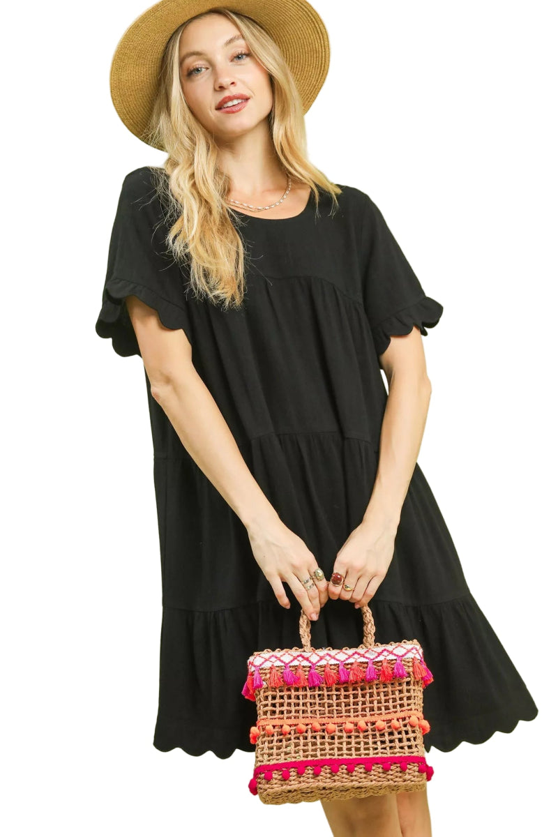 Woman's Ruffle Sleeve Tiered Babydoll Dress in Linen - AMVIM