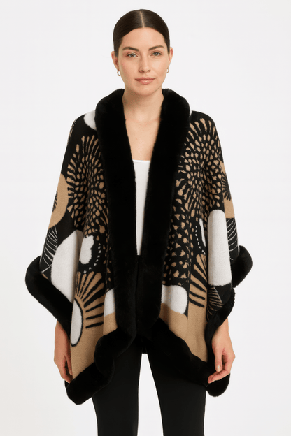 Women’s Abstract Print Cape with Faux‑Fur Trim – Statement Outerwear - AMVIM