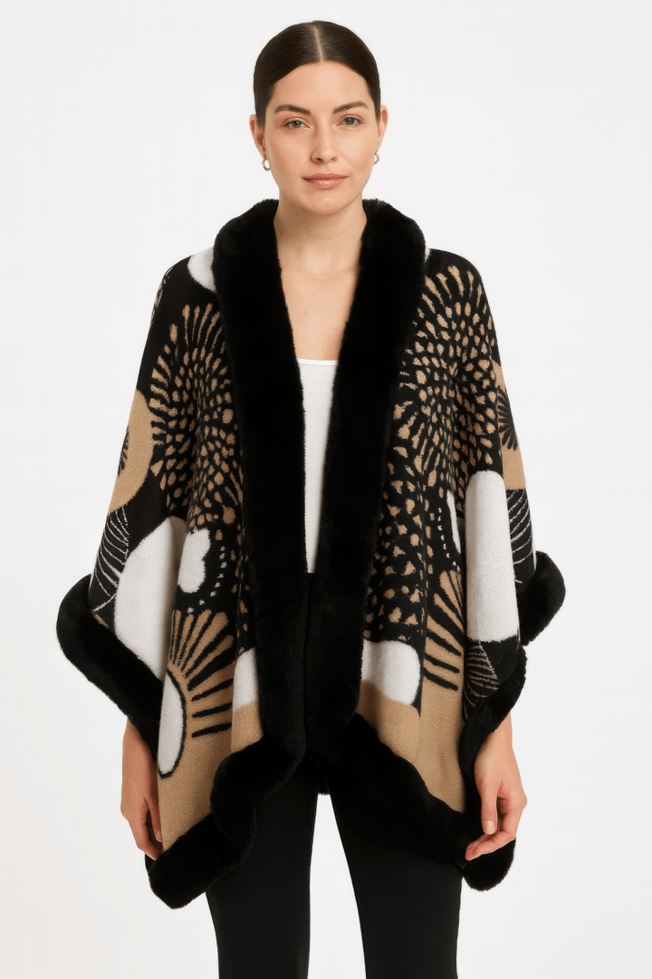 Women’s Abstract Print Cape with Faux‑Fur Trim – Statement Outerwear - AMVIM