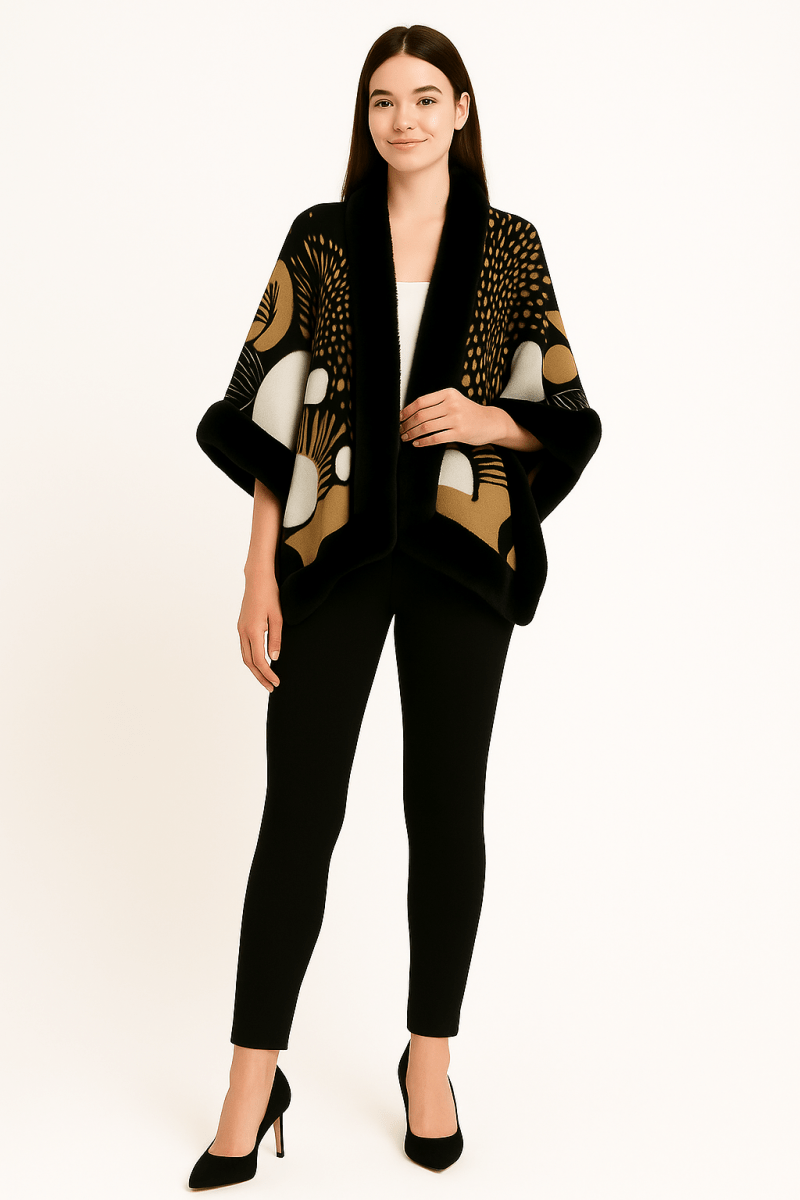 Women’s Abstract Print Cape with Faux‑Fur Trim – Statement Outerwear - AMVIM