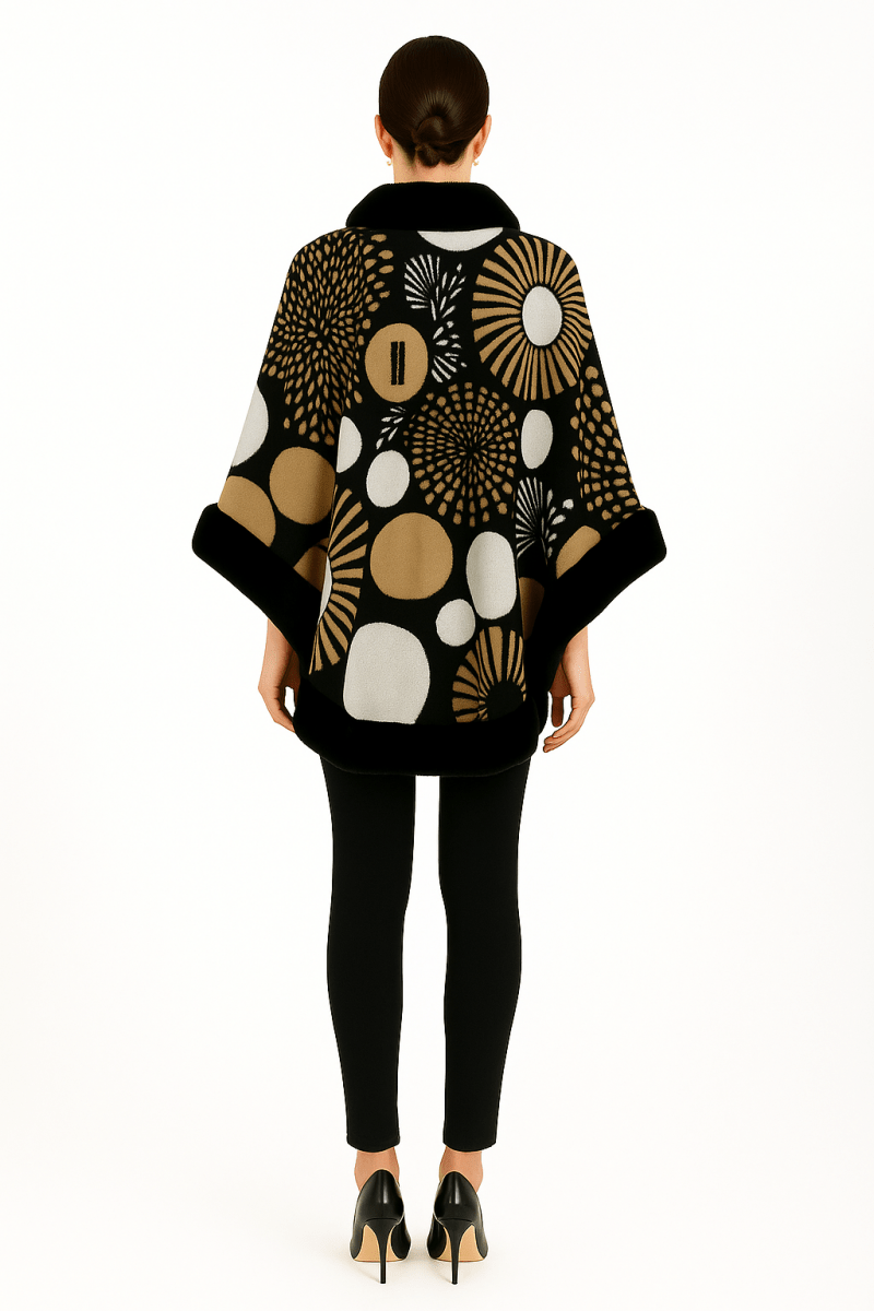 Women’s Abstract Print Cape with Faux‑Fur Trim – Statement Outerwear - AMVIM
