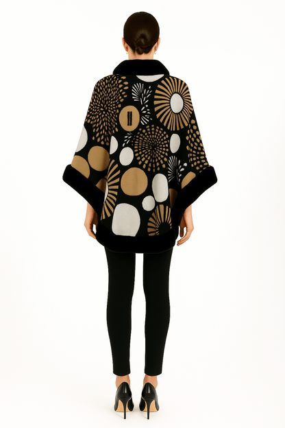 Women’s Abstract Print Cape with Faux‑Fur Trim – Statement Outerwear - AMVIM