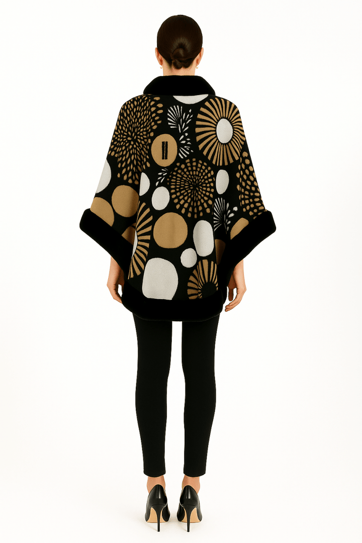 Women’s Abstract Print Cape with Faux‑Fur Trim – Statement Outerwear - AMVIM