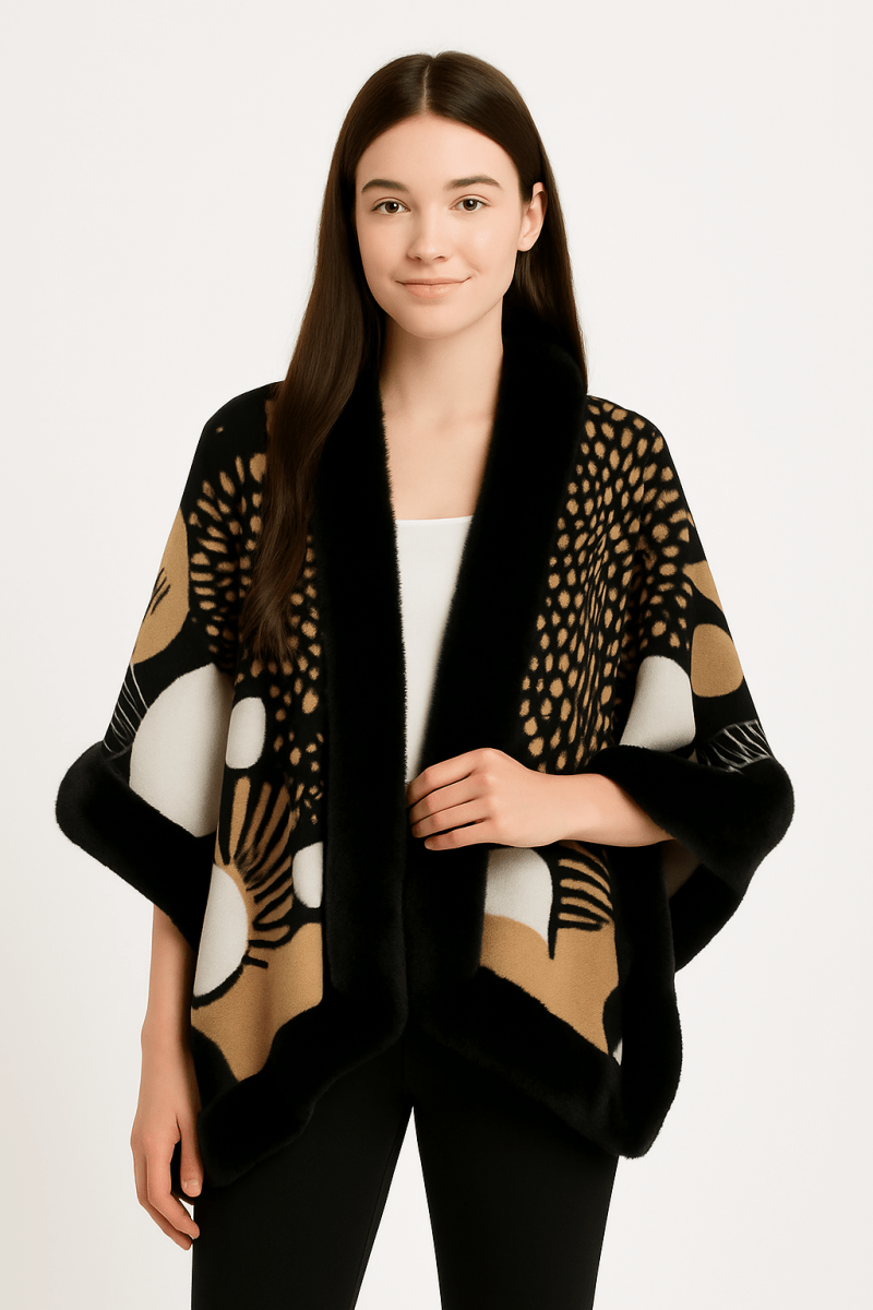 Women’s Abstract Print Cape with Faux‑Fur Trim – Statement Outerwear - AMVIM