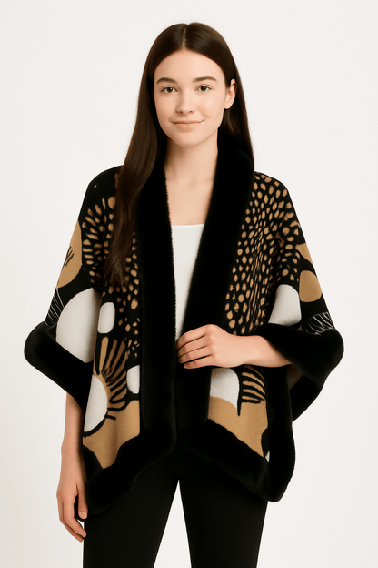 Women’s Abstract Print Cape with Faux‑Fur Trim – Statement Outerwear - AMVIM