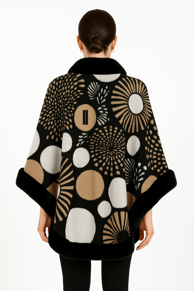 Women’s Abstract Print Cape with Faux‑Fur Trim – Statement Outerwear - AMVIM