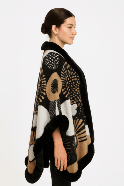 Women’s Abstract Print Cape with Faux‑Fur Trim – Statement Outerwear - AMVIM