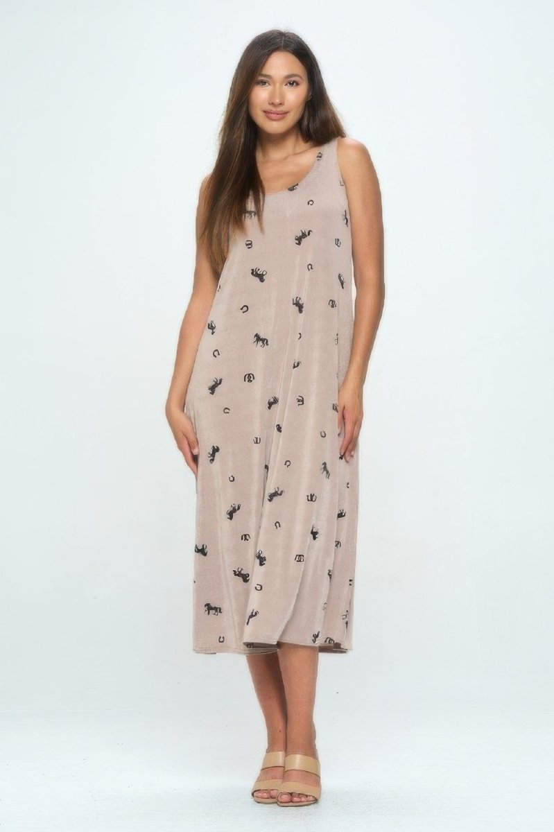 Women's Abstract Print Sleeveless Maxi Dress with Round Neckline - AMVIM