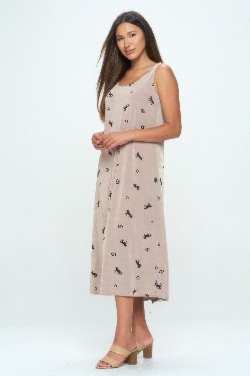 Women's Abstract Print Sleeveless Maxi Dress with Round Neckline - AMVIM