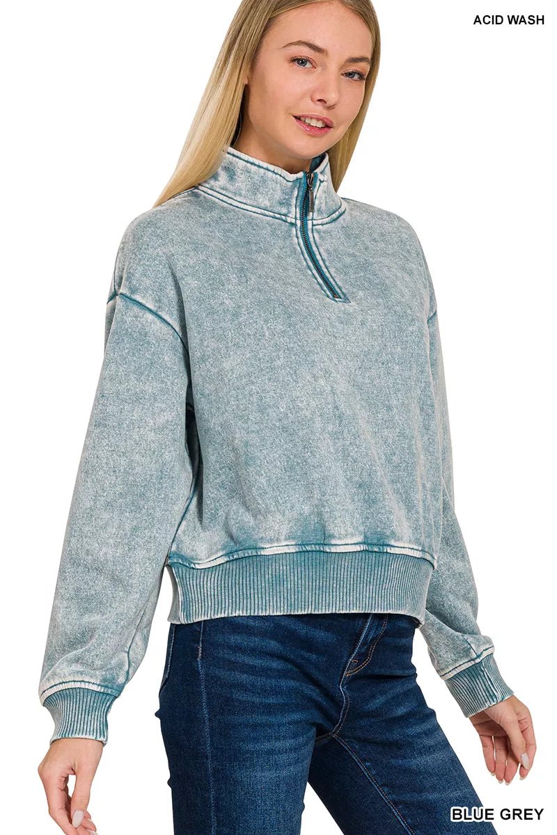 Women's Acid Wash Fleece Half Zip Sweatshirt - AMVIM