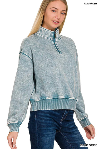 Women's Acid Wash Fleece Half Zip Sweatshirt - AMVIM