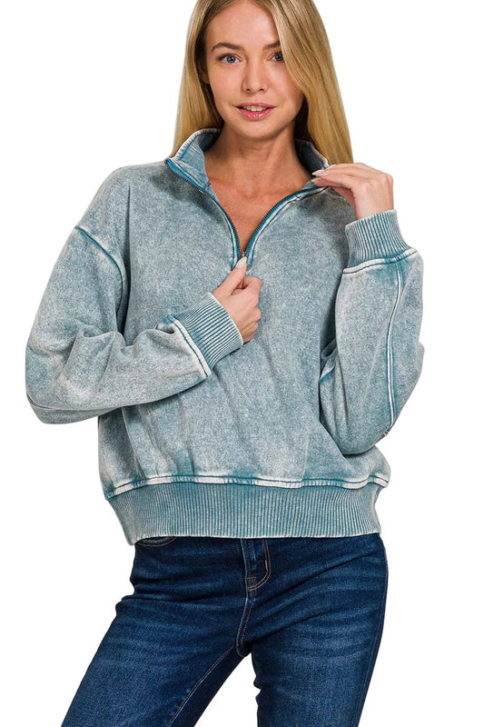 Women's Acid Wash Fleece Half Zip Sweatshirt - AMVIM