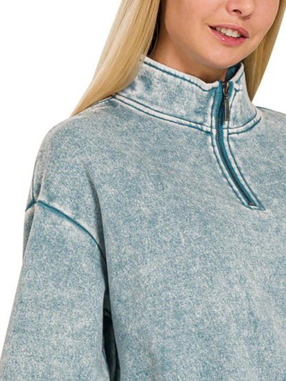 Women's Acid Wash Fleece Half Zip Sweatshirt - AMVIM