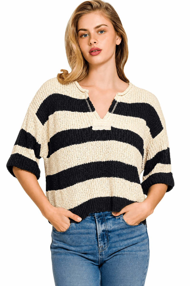 Women's Acrylic Blend Sweater – Relaxed Fit Split Neck - AMVIM