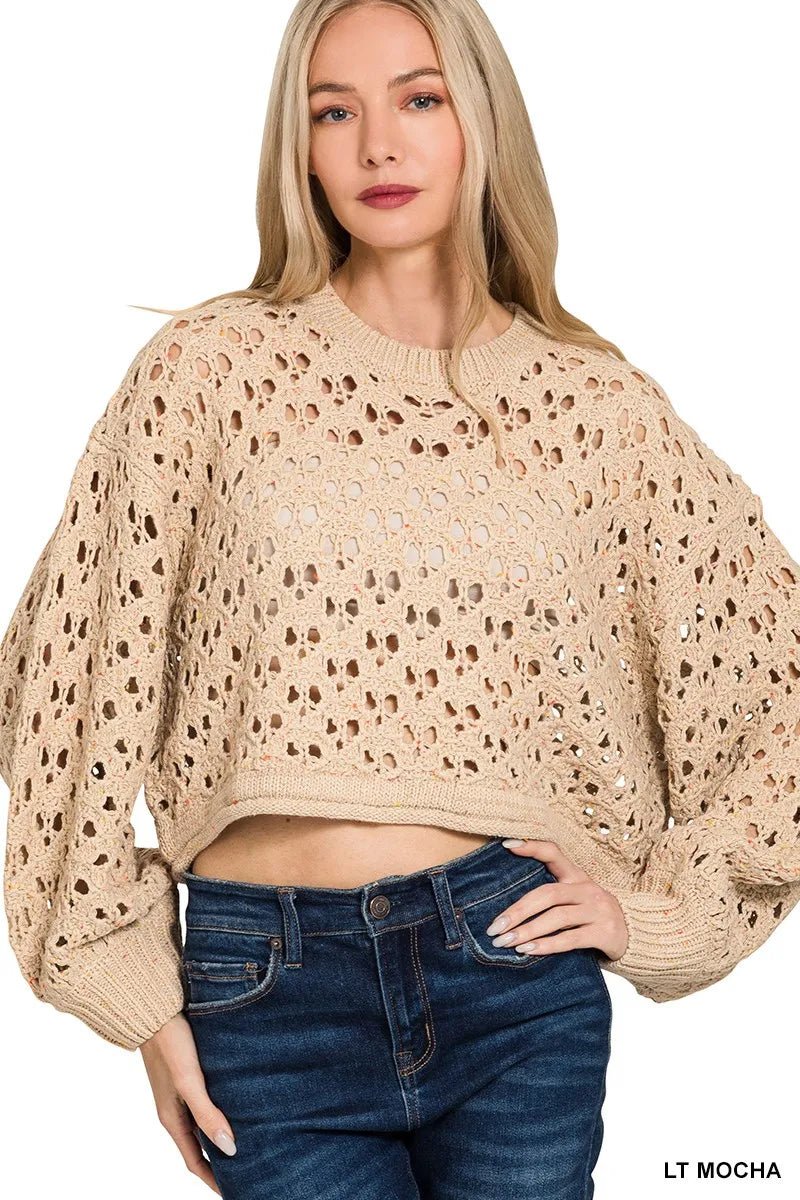 Women's Acrylic Crochet Knit Sweater – Oversized Cropped Fit - AMVIM
