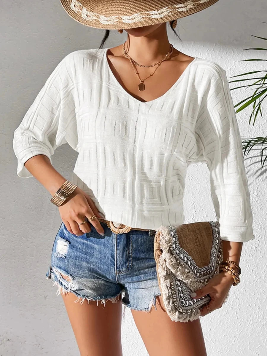 Women's Acrylic Knit Top – V-Neck Three-Quarter Sleeve - AMVIM | SKU: 100100748842487, 100100748844379, 100100748849871, 100100748847070, 100100748840542, 100100748849245, 100100748840110, 100100748844155, 100100748841816, 100100748842793, 100100748843500, 100100748842474