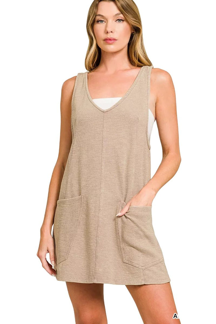 Womens Adjustable Strap Casual Overall Dress with Washed Slub Fabric - AMVIM