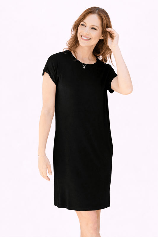 Women's Bamboo Short Sleeve Round Neck Dress with Pockets - AMVIM