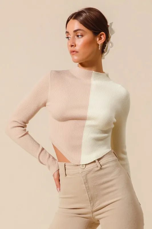 Womens Beige Ribbed Color Block Fitted Crop Sweater - AMVIM
