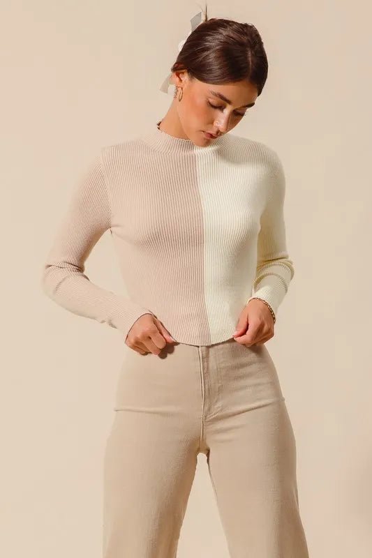 Womens Beige Ribbed Color Block Fitted Crop Sweater - AMVIM