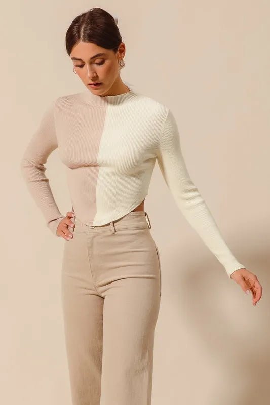 Womens Beige Ribbed Color Block Fitted Crop Sweater - AMVIM
